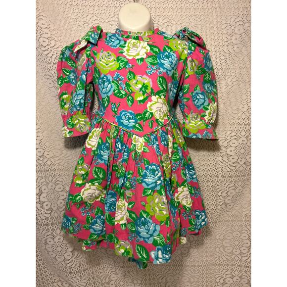 Vintage 80’s Little Star Rockabilly, Floral Tea Party Dress, Puffy Sleeves, 4T - Picture 1 of 9